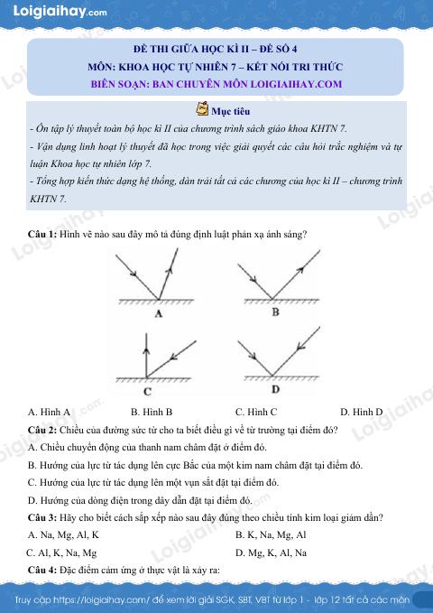 Đề thi giữa kì 2 KHTN 7 Kết nối tri thức - Đề số 4